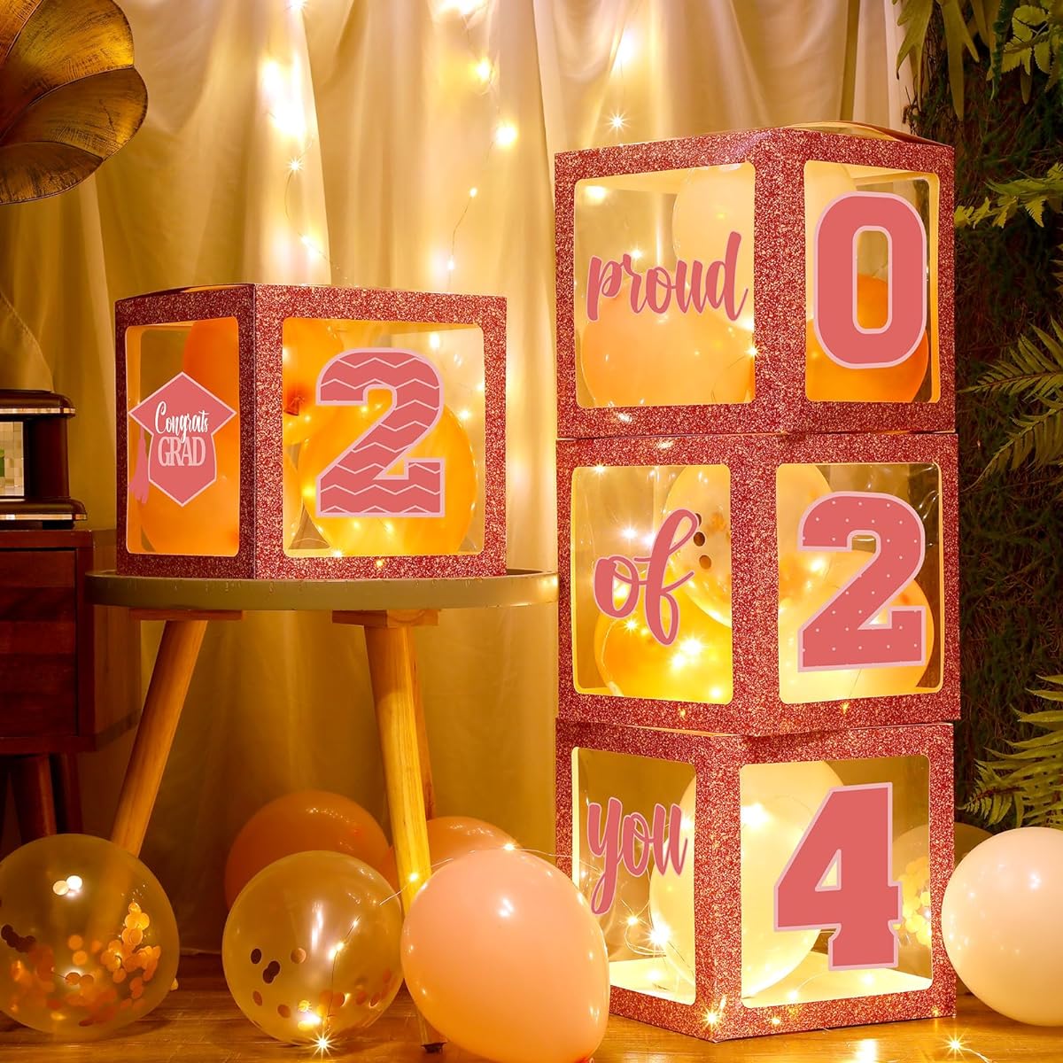Graduation Box Decorations with Balloons and LED Light Strings Congrats 2023 Graduation Party Supplies Proud of You Balloon Boxes for Class of 2023 School College Party Decorations 44 Pieces (Pink)