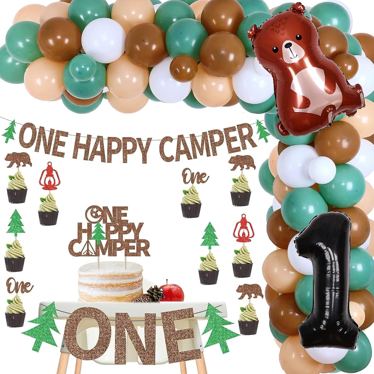 Happy Camper Birthday Decorations for Boys Balloon Garland Kit Glitter Banner High Chair Banner Cake Cupcake Toppers Campout Backyard Adventure Camp First Birthday Decorations