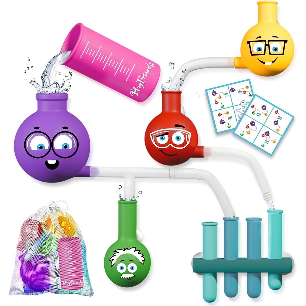 Play Friends Aqualab Animated - Bath Toy for Kids Ages 4-8 - Science Themed Wall Suction Bath Toy - Animated Scientist Figure - Includes Beakers, Flasks, Pipes and Test Tubes