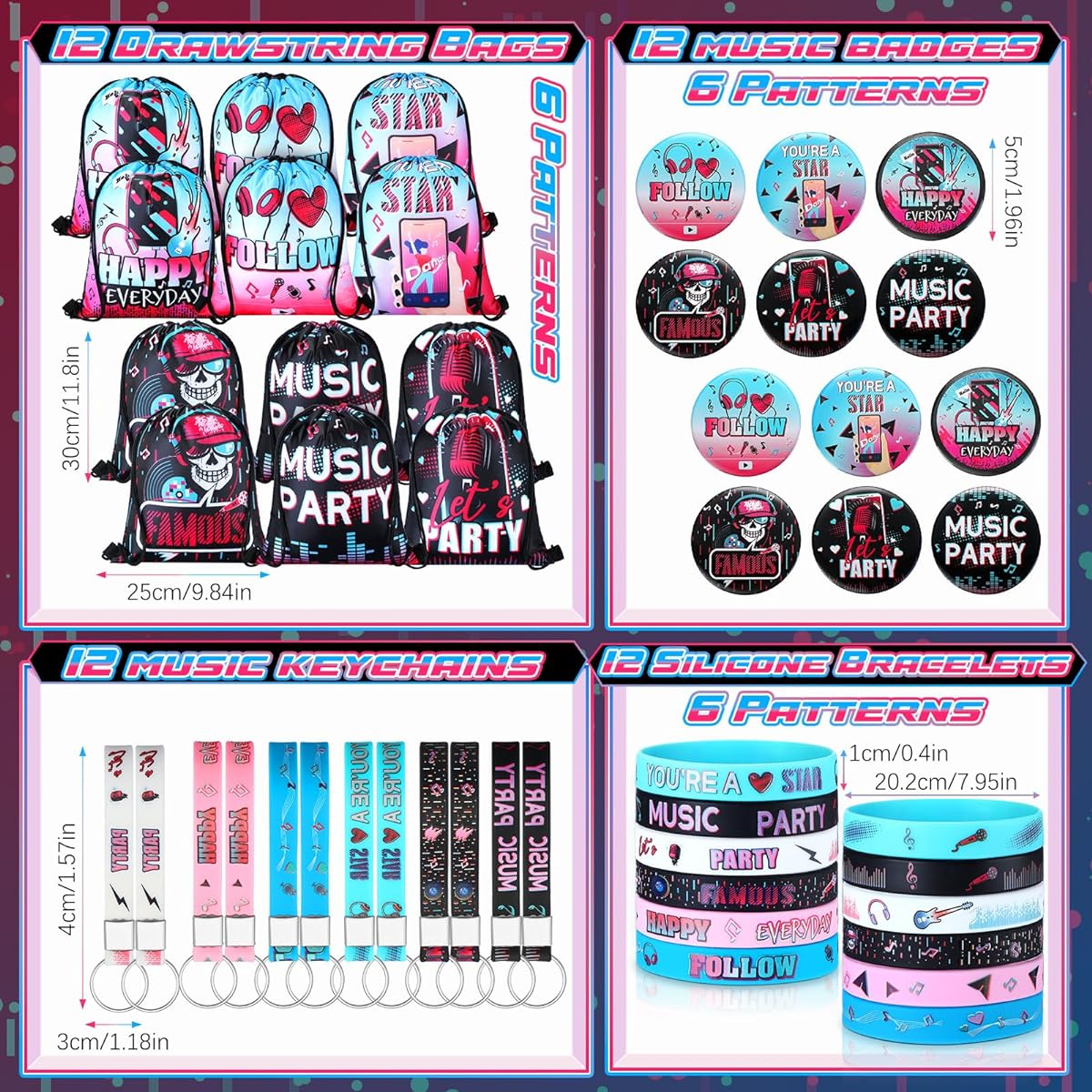Sanwuta Music Party Favors, 48 Pieces Party Music Birthday Party Favors, 12 Music Party Drawstring Bags, 12 Rubber Bracelets, 12 Key Chains, 12 Button Pins, Music Theme Birthday Supplies