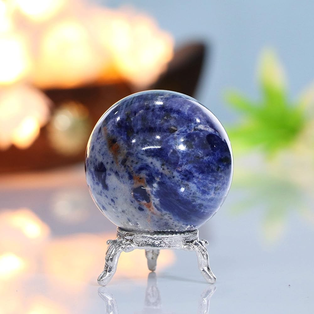 Crocon 50mm Sodalite Stone Sphere with Metal Stand, Over 1400 Carats Gem Ball Healing Sphere Sculpture Figurine Feng Shui Fortune Telling Home Decoration Photography Crystal Sphere