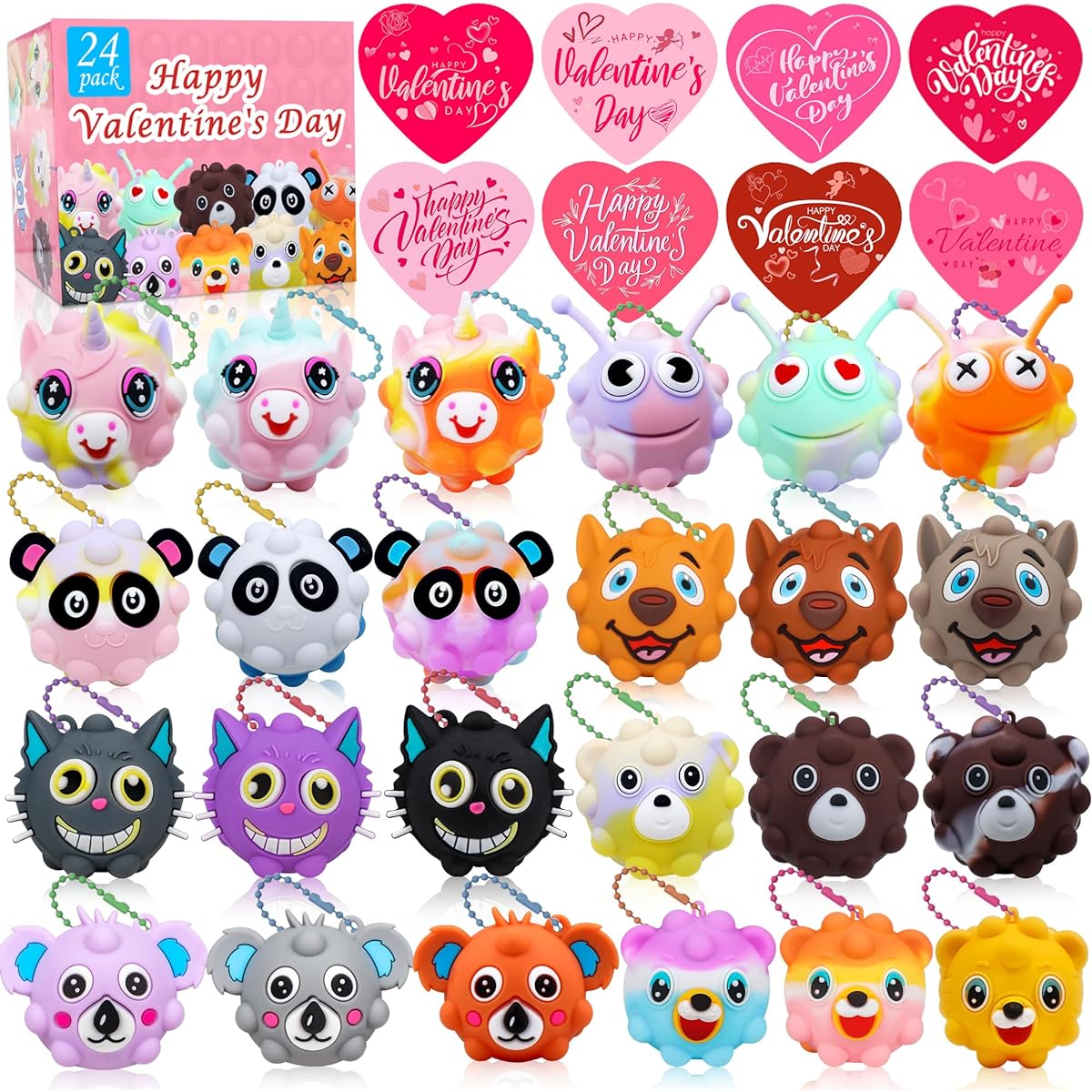 Valentine's Day Gifts for Kids, 3D Animal Pop Ball Fidget Toy with Valentine's Day Card, Valentine Exchange Gifts for Boys Girls School Classroom Party Favors