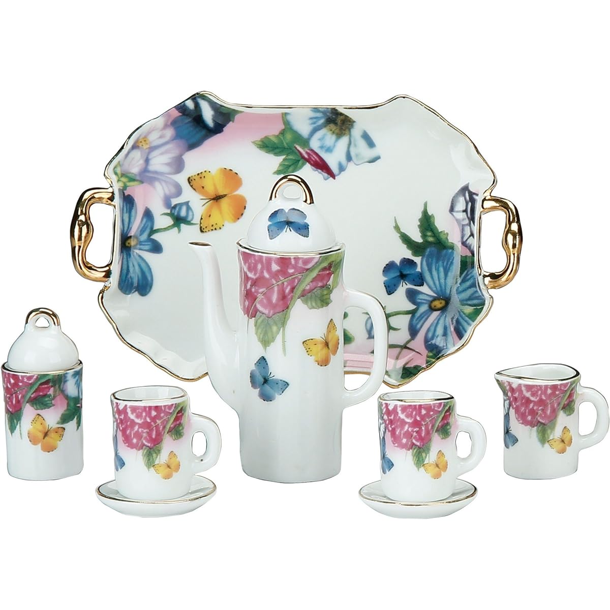Miniature Collectible Butterfly & Flower Porcelain Tea Set: Teapot, Sugar Bowl, Creamer, 2 Teacups, Serving Platter