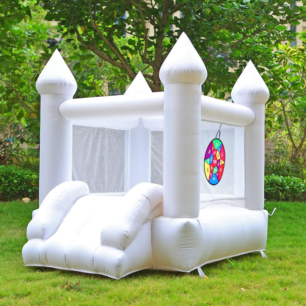 White Bounce House with Blower, Inflatable Trampoline for Kids, Bounce House with Slide, Basketball Hoop, Target Ball, Durable and Easy to Install, Perfect for Kids Birthday