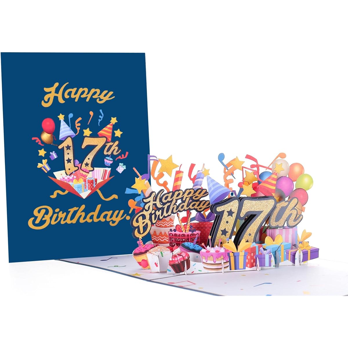 iGifts And Cards Happy 17th Blue Birthday 3D Pop Up Greeting Card - Amazing 17th Birthday Card, Birthday Gift for Daughter, Son, Seventh Generation, Grandson, Granddaughter Unique Special Present 5" x 7"