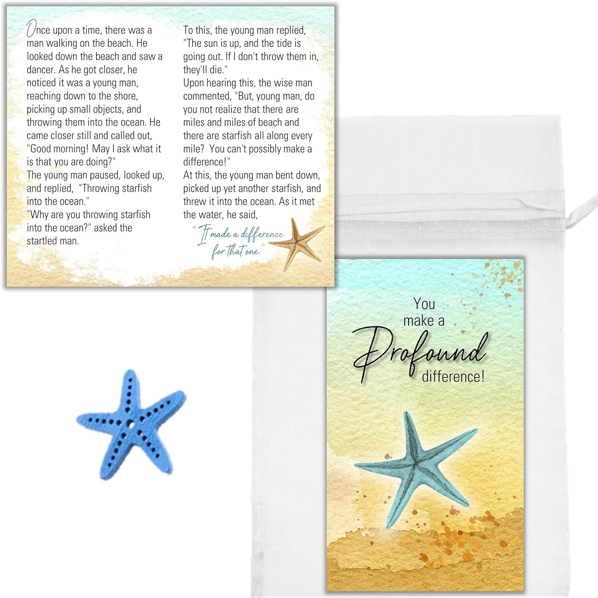 Smiling Wisdom - Bulk 50 Sets - Starfish Story Employee Appreciation Mini Cards and Favors - You Make a Difference - Men Women (Blue White Starfish Buttons)