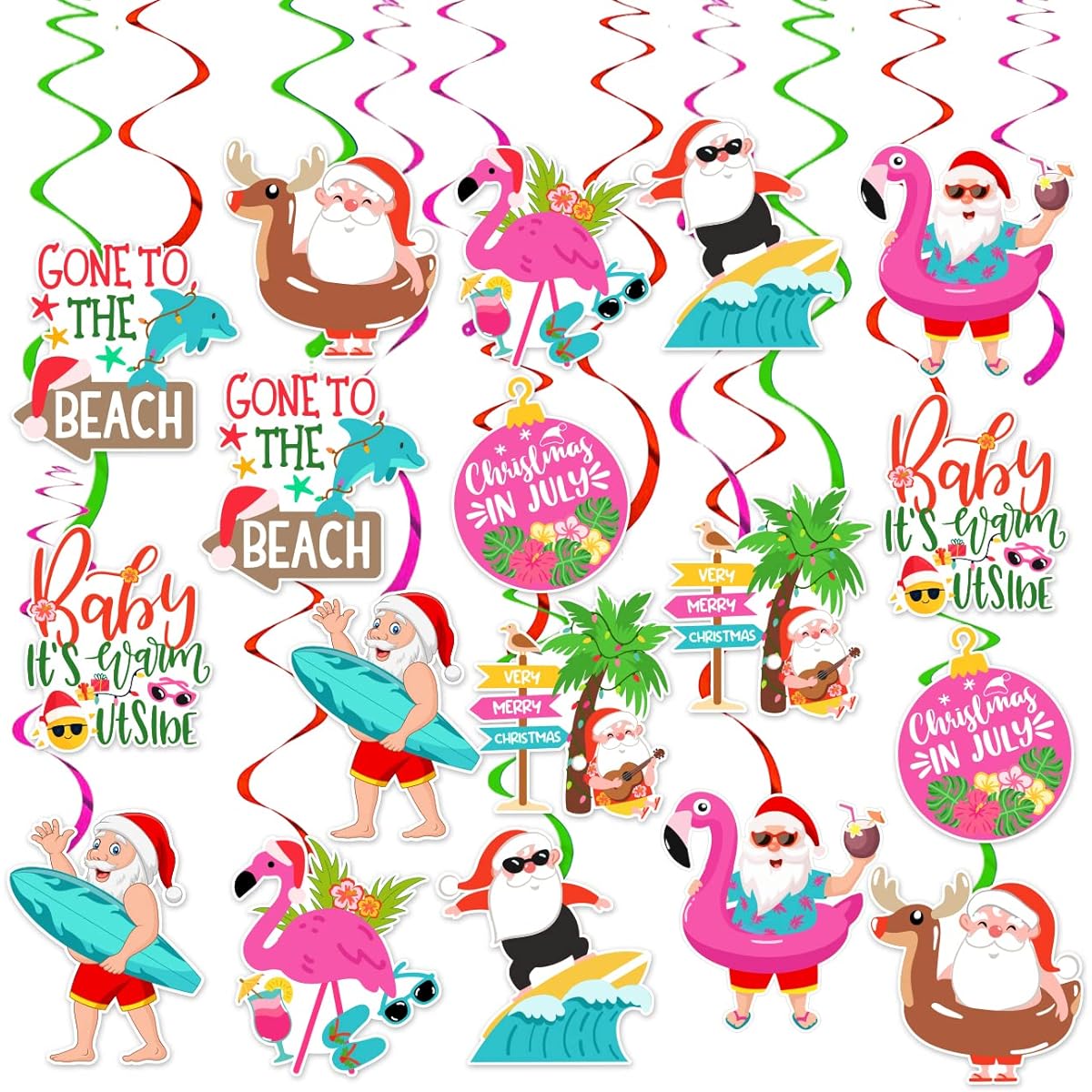 ssailue Decor Christmas July Hanging Swirl Decorations, 18 Pieces Tropical Summer Hawaii Santa Beach Mele Karikimaka Christmas Hanging Ornaments, No Gemstones
