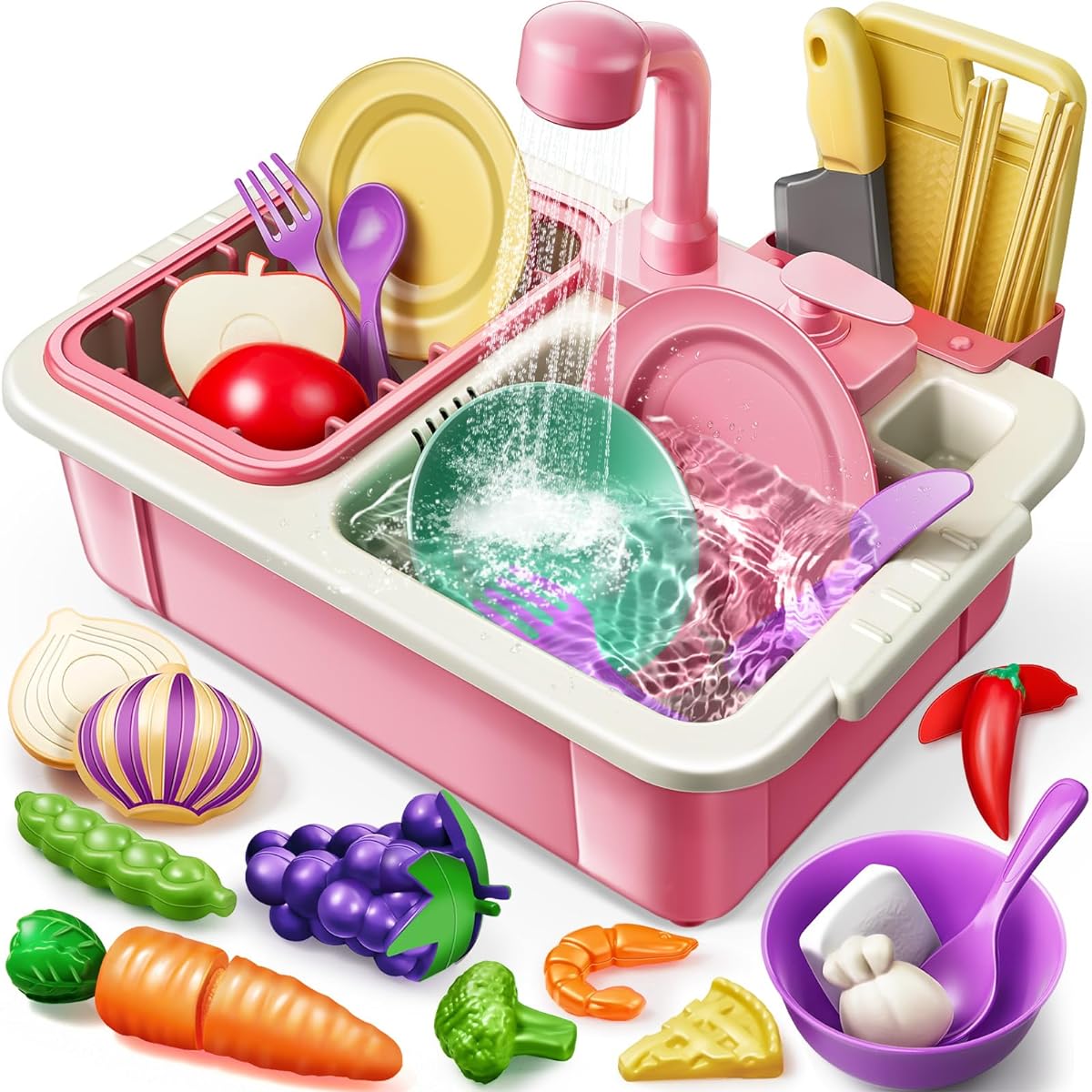 Geyiie Play Sink with Running Water, Kitchen Sink Toy for Toddlers with Real Faucet, 30 Pieces Food and Dish Play Racks, Pretend Dishwasher Toy Accessories, Learning Gift for Girls and Boys