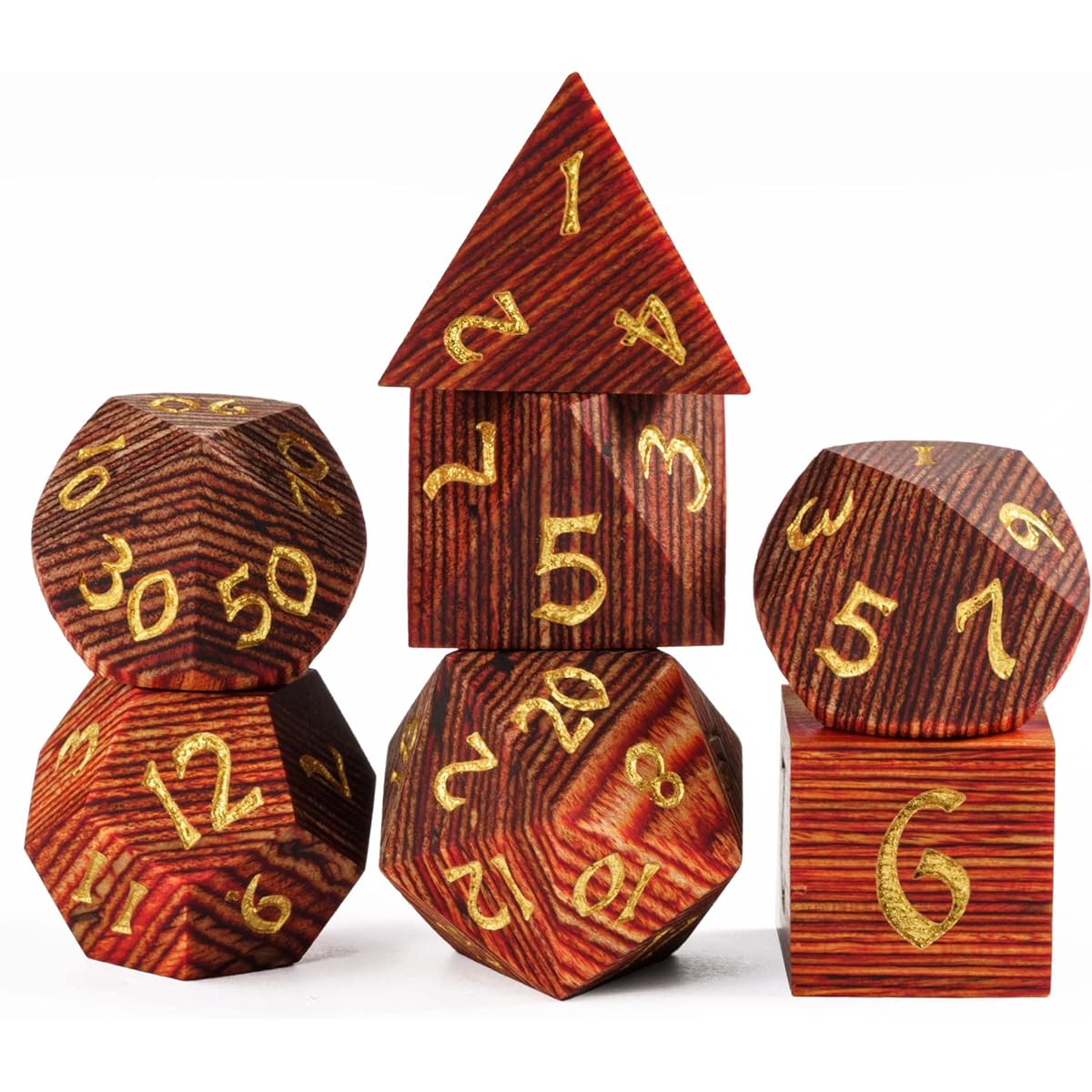 HDdais DND Dice Set, 7pcs D&D Dice Set with Iron Box, Wooden Polyhedral Dice Set for MTG Dungeons & Dragons Role Playing Game (Red Brown Stripe)
