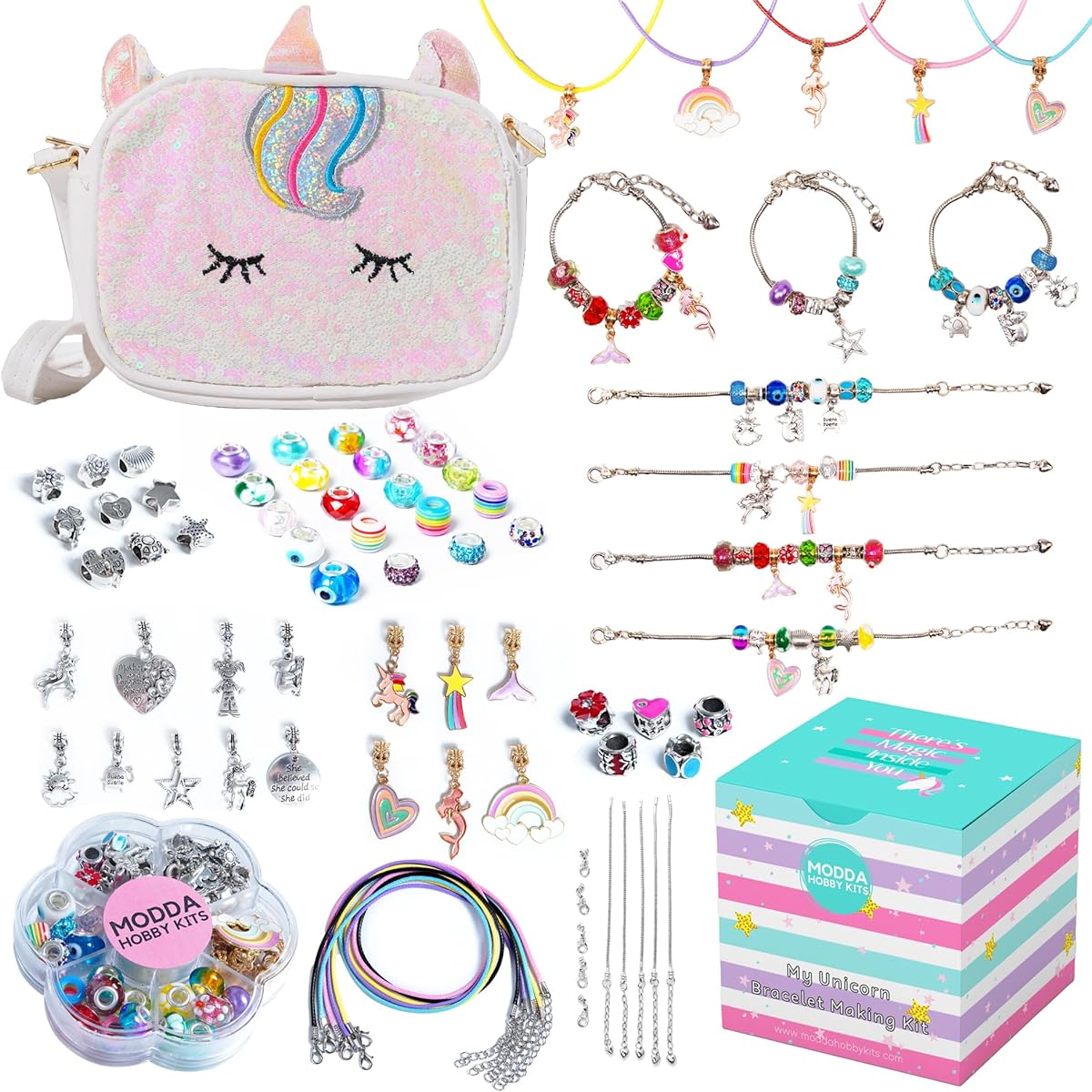 MODDA Unicorn Charm Bracelet Making Kit with Unicorn Bag Charms Beads, Jewelry Making Kit for Girls, Birthday Christmas Gift, Kids Jewelry Set for Girls, Toys, Crafts for Girls, Age 8-12