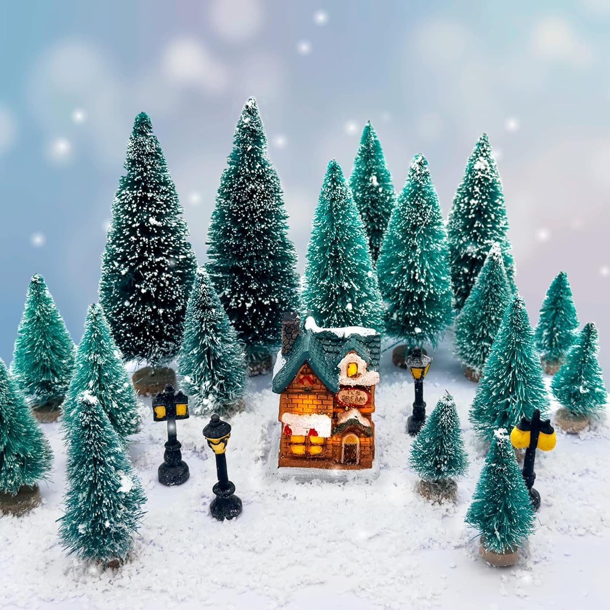 Mini Christmas Pine Tree Artificial Snow Frost Tree Village House Santa Sack with Elk and Mini Street Light Christmas Decoration Bottle Brush Tree Home Tabletop Craft Decoration 26 Pieces