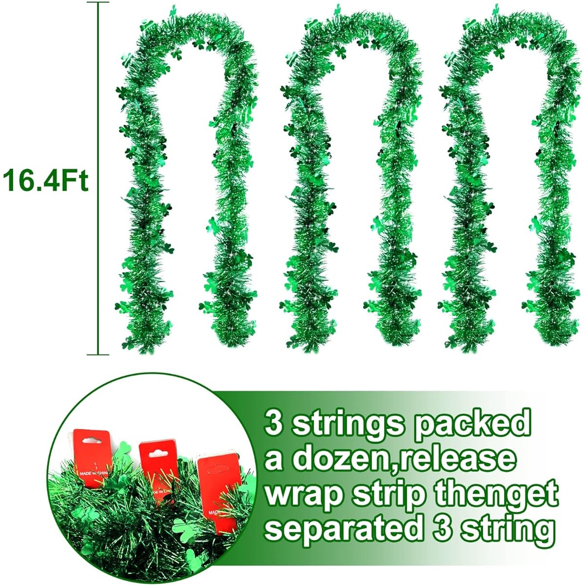 TURNMEON 3 Pack 49.2 Feet Total St. Patrick's Day Shamrock Tinsel Garland Decorations Green Clover Metallic Streamers St. Patrick's Day Decorations for Indoor Outdoor Home Irish Party Supplies 16.4 Feet x 4.3 Inches Each