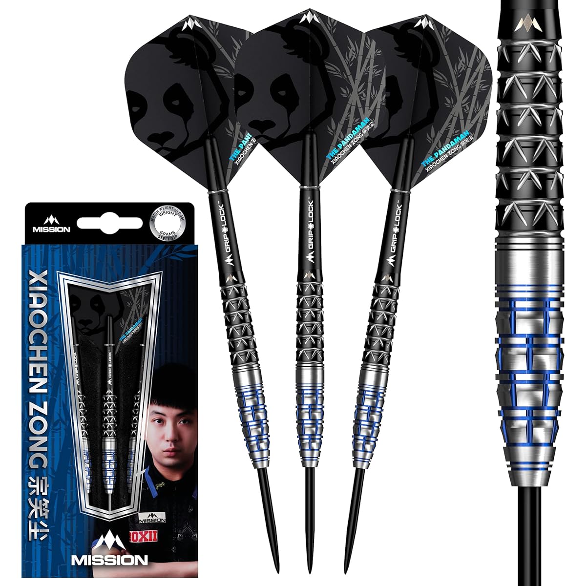 Mission Darts Xiaochen Zong Pandaman Darts Set Premium 95% Tungsten Barrel and Steel Tip Black and Blue PVD Coating Multiple Weights