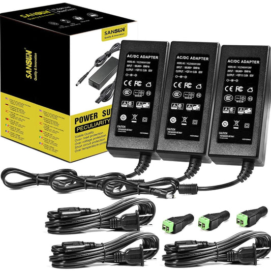 12V 5A Power Supply 60W Power Adapter 120V AC to 12V DC Transformer for LED Strip Light (Pack of 3)