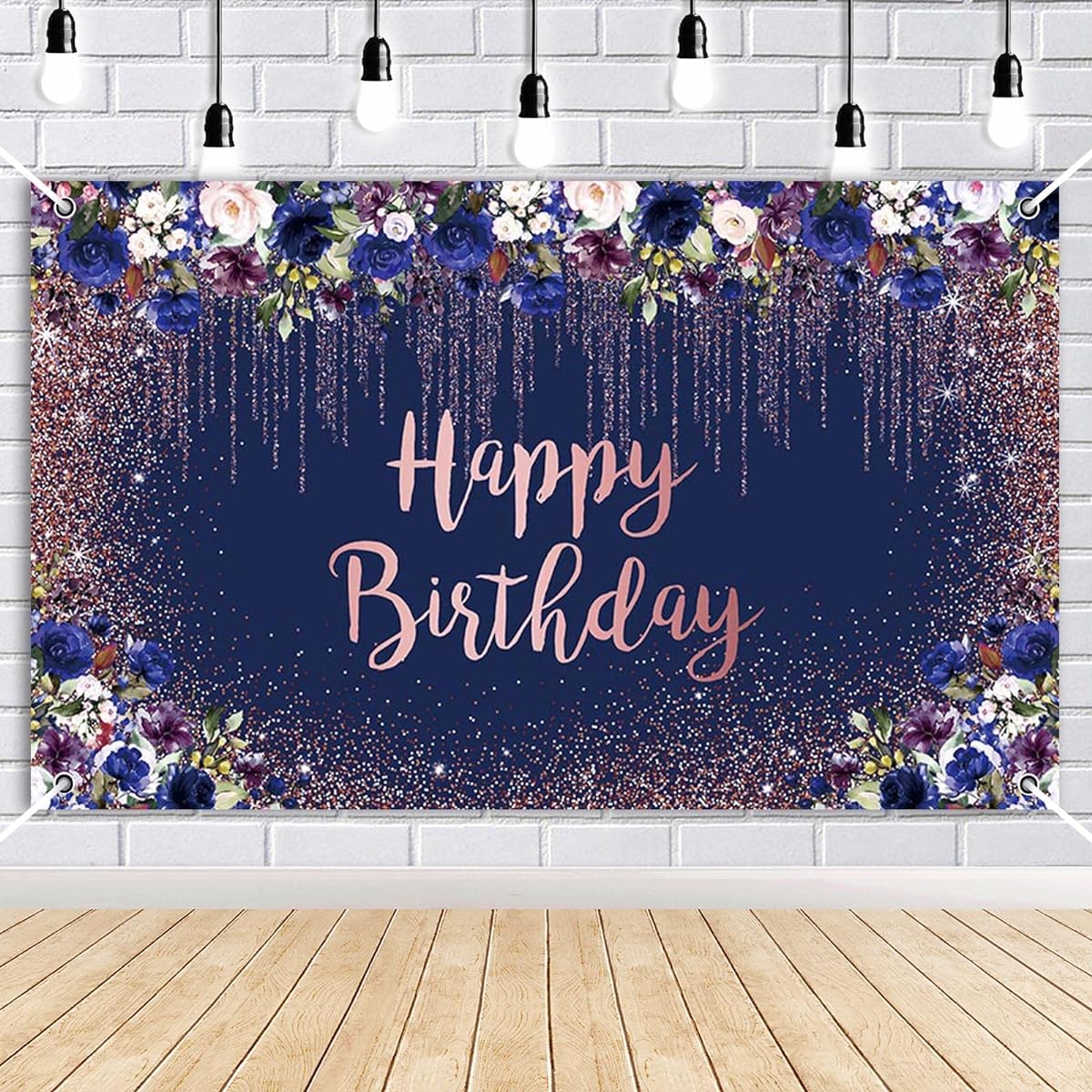 AIBIIN Rose Gold Navy Blue Happy Birthday Banner for Girls Women Birthday Party Decorations Backdrop Pink Blue Glitter Floral Photography Background Photo Booth Props