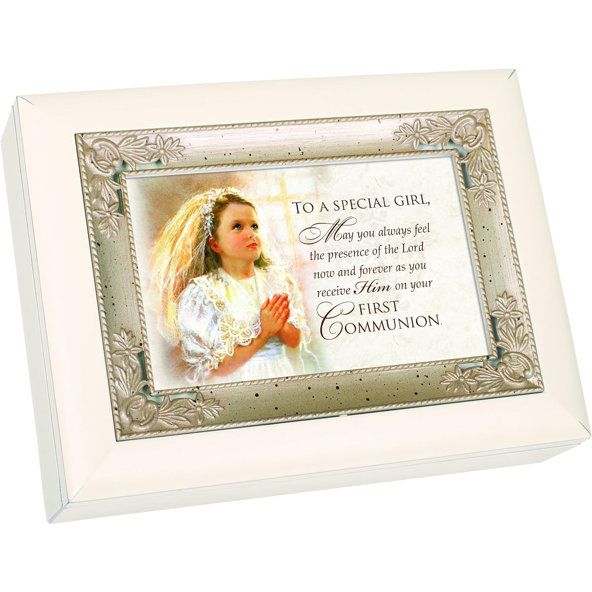 First Communion Special Girl Veil Glossy Ivory Silver Inlay Jewellery Music Box Plays song Ave Maria