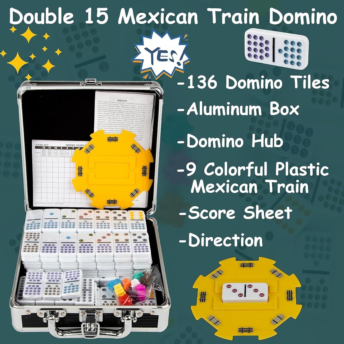 Dominoes Set for Adults, Double 15 Dominoes Set Double 15 Color Dot Mexican Train Dominoes Set, Dominoes with Aluminum Case, 136 Tiles (for 2-10 players)