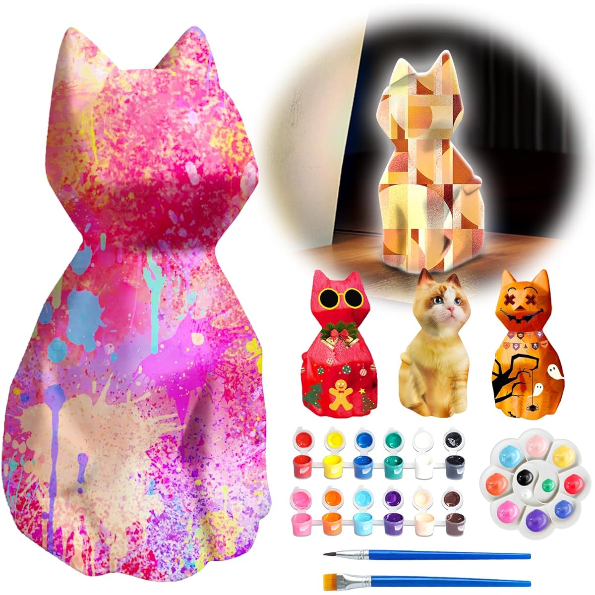Goodyking Paint Your Own Cat Lamp Kit DIY Cat Craft Night Light Painting Kit Arts & Crafts for 8-12 Years Old Kids Art Supplies Birthday Easter Party Holiday Gifts for Teens Girls Boys Age 3 4 5 6 7 8+