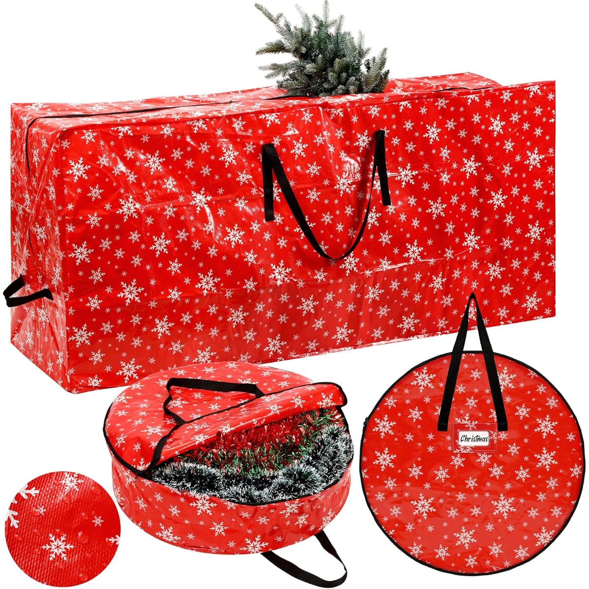 Paterr 1 Pack Christmas Tree Storage Bags, Fits Trees up to 9 Feet, 28" Christmas Wreath Storage Container, Large Waterproof Zipper Bag with Handles for Christmas Holiday Party(Snow)
