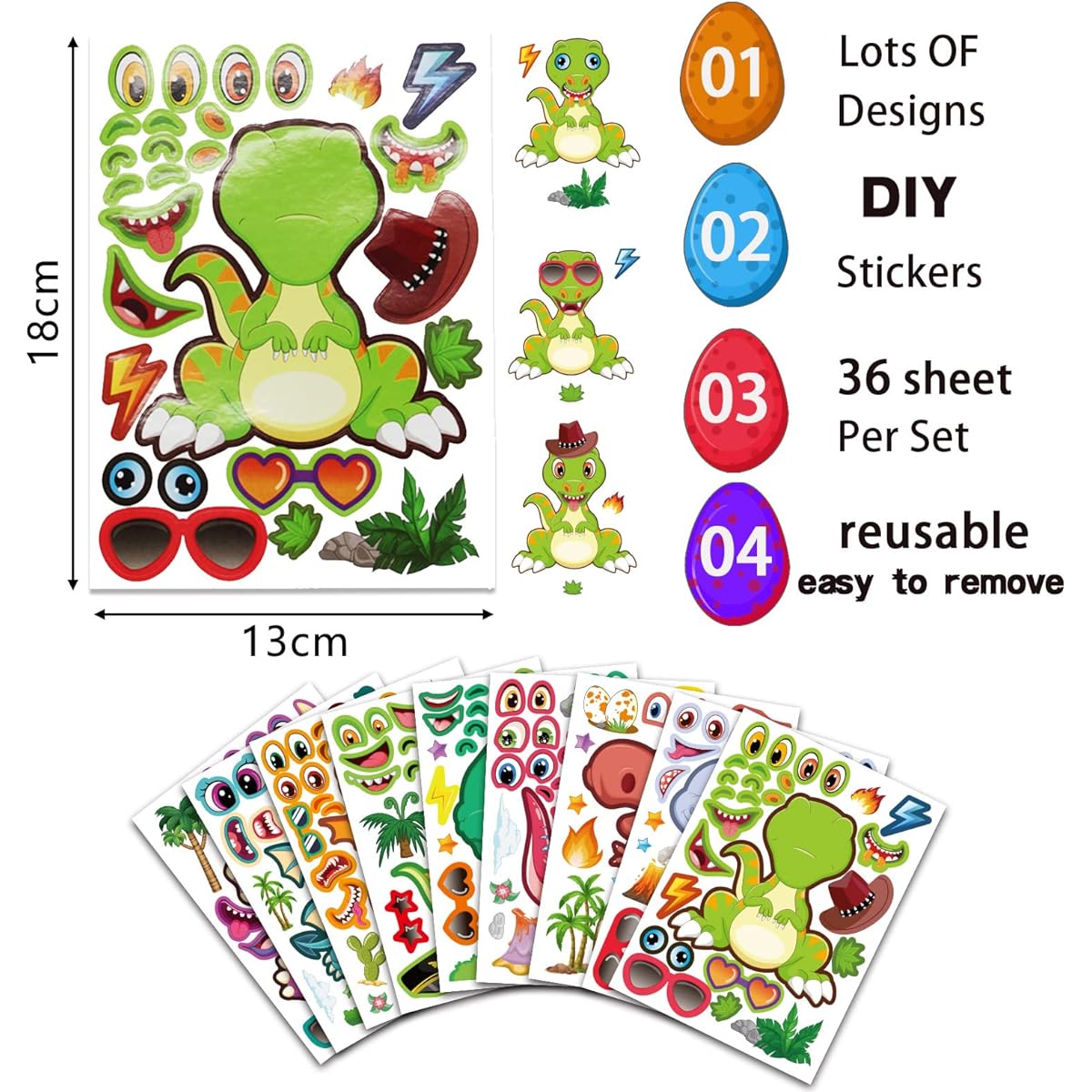 36 Reusable Dinosaur Stickers Dinosaur Party Favors, 9 Different Cute Face Dinosaur Stickers DIY Favorite Dinosaur Stickers for Kids Dinosaur Birthday Party Supplies Decorations