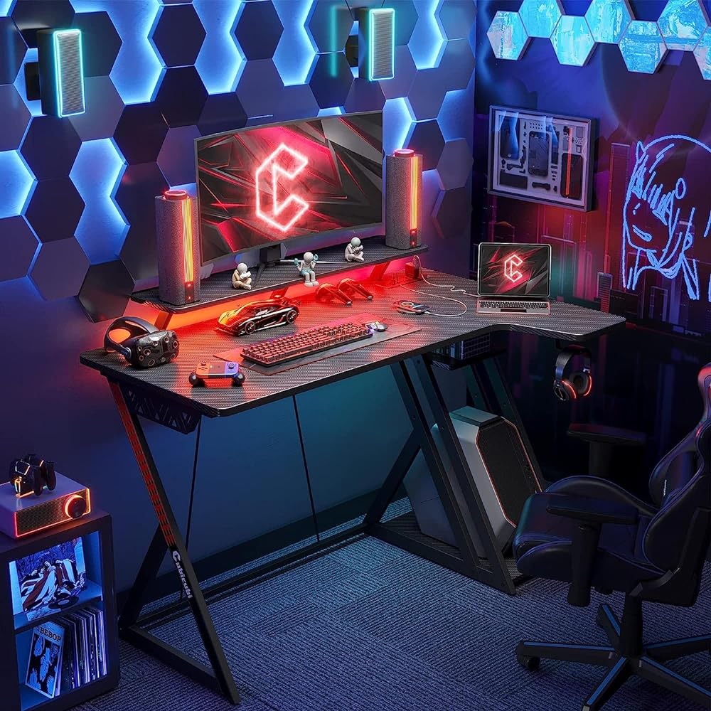 CubiCubi Gaming Desk with LED, Storage Shelf, Monitor Stand, Outlet Included, L-shaped Desk, Stable, Stylish, Living Alone, Includes Hook, For Gaming, L-shaped Desk, Width 100cm x Depth 60cm, Black