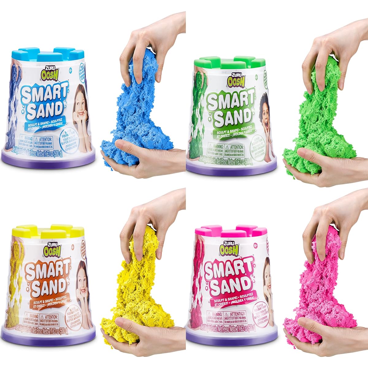 Oosh Smart Sand Medium Tub (4 Pack) ZURU 500g each Non-stick, no-mess Smart Sand for Girls and Children (Pink Green Yellow Blue)