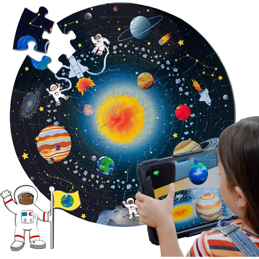 50-piece Solar System Puzzle Smart Technology Uses Augmented Reality to bring space to life Learn facts about space! Solar system design 60cm diameter Large pieces Ages 3+ Compatible device required