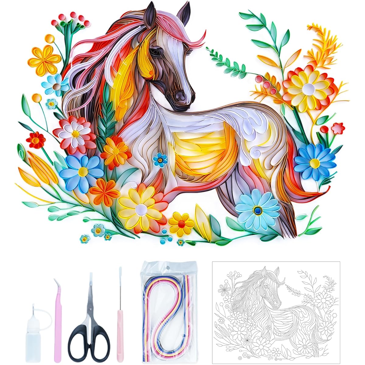 Uniquilling Quilling Kit, Paper Quilling Kit for Adults Beginners, 16*20inch Horse with Paper Quilling Tools & Manual, DIY Kit for Adults, Paper Filigree Painting Kit, Wall Art Decor
