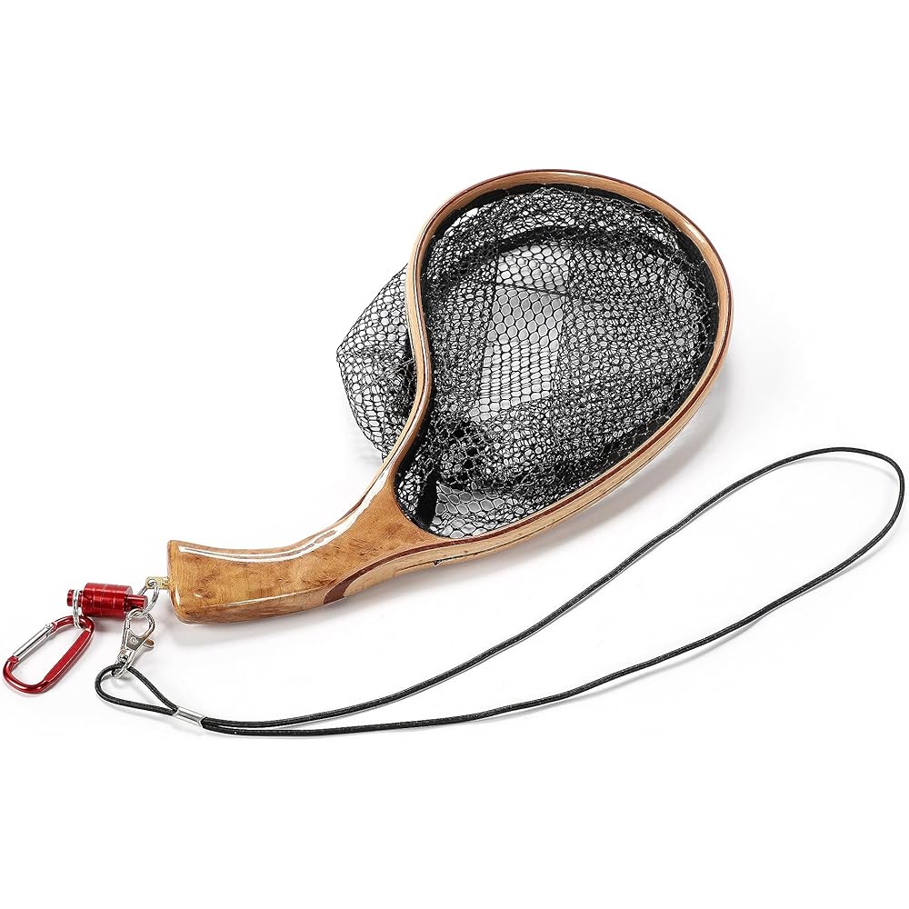 (Manaheart) Rubber Coating Net, Tamo Net, Ball Net, Mountain Stream, Wooden Landing Net, Rubber Net, Lightweight, Curved Pattern, Small, Compact, Bait Fishing, Mountain Stream Fishing, Fly Fishing, Wood Frame, Fly Crank, Trout