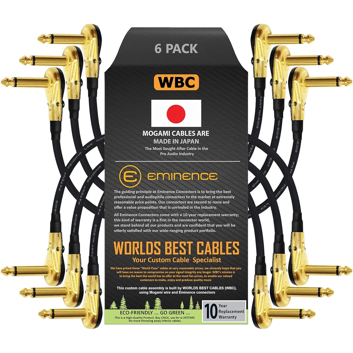 WORLDS BEST CABLES 6 Units - 8" - Pedal Effect Patch Instrument Cable Mogami 2319 Wire and Eminence Gold Plated 1/4" (6.35mm) R/A Pancake Type Connector