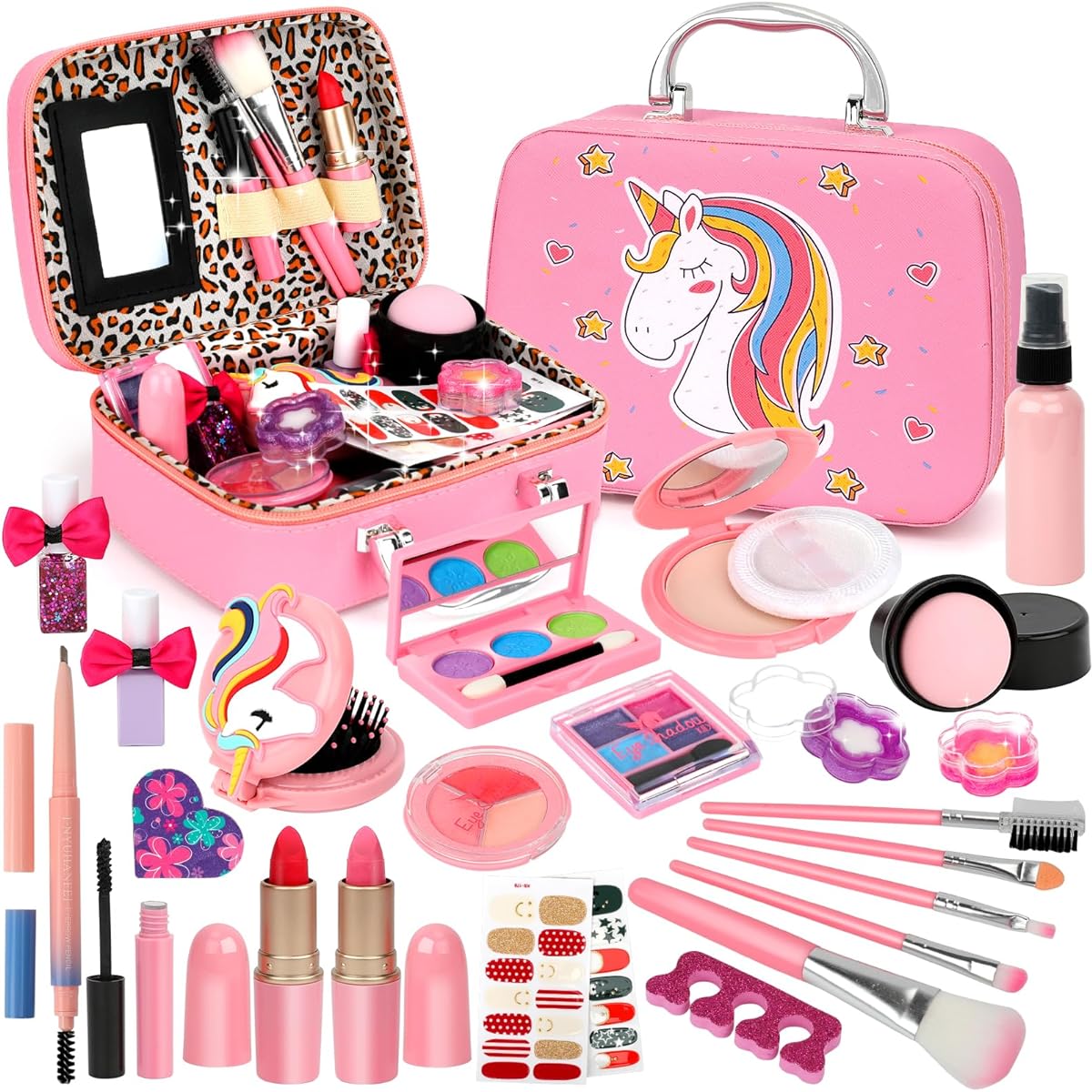 Flybay Kids Girls Makeup Kit, Realistic Washable Cosmetics Set for Girls, Kids Princess Makeup Toy Pretend Play Makeup Kit, Christmas Toy Gift with Makeup Case, for 4, 5, 6, 7, 8 Year Old Girls