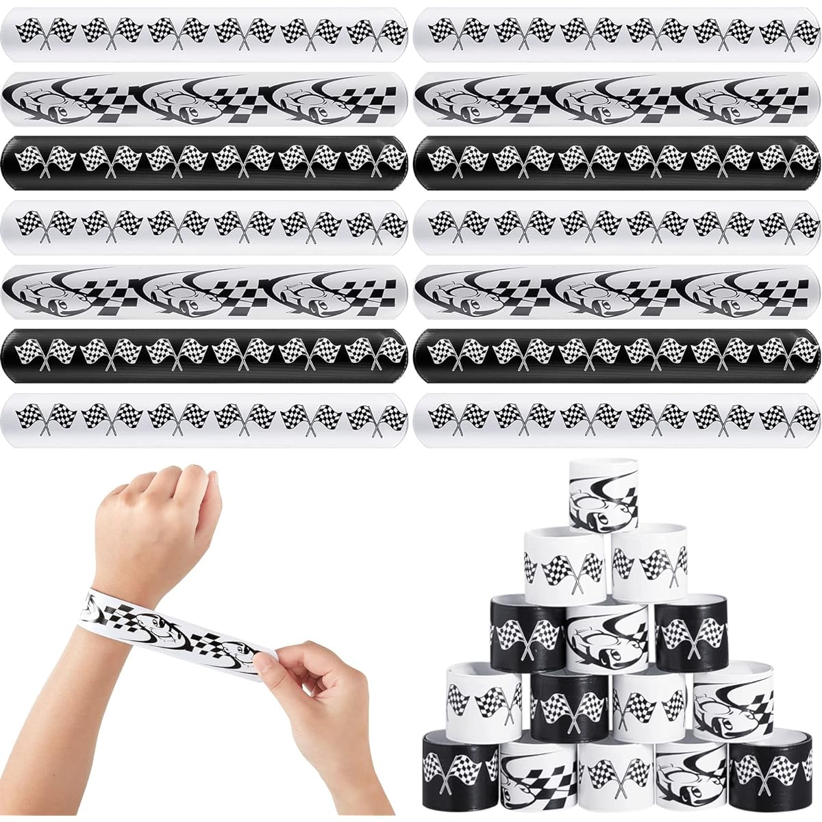 Racing Car Slap Bracelets, 48pcs Racing Check Flag Slap Bracelets, Racing and Speed Themed Kids Party Favors for Kids and Adults Cars Party Birthday Classroom Prize Exchange Gifts Sporting Event Supplies