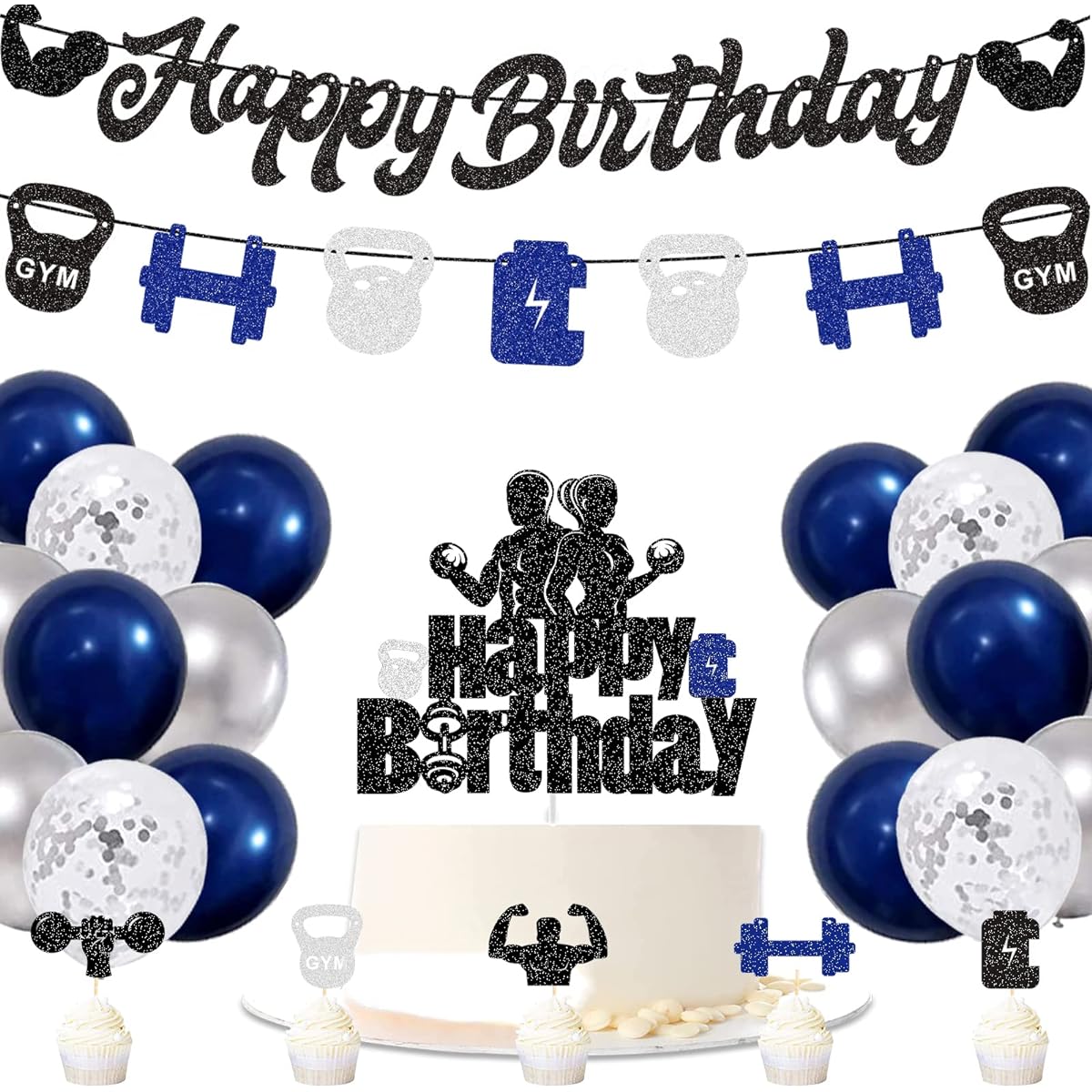 G-LOVELY'S Gym Happy Birthday Party Decorations Blue Silver Fitness Theme Birthday Decorations Cake Topper with Balloons and Banner for Men Boys Glitter Weightlifting Theme Party Cupcake Toppers Supplies