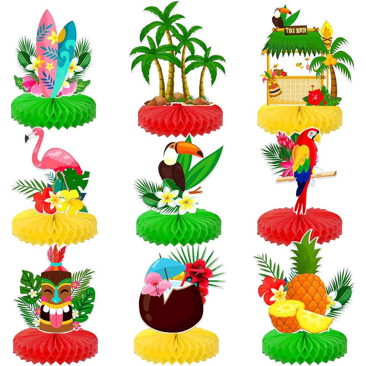 Tropical Hawaiian Honeycomb Centerpieces - Pack of 9 Hawaiian Party Decorations | Hawaiian Table Decorations | Hawaiian Centerpieces for Tables Aloha Decorations | Tiki Themed Party Decorations