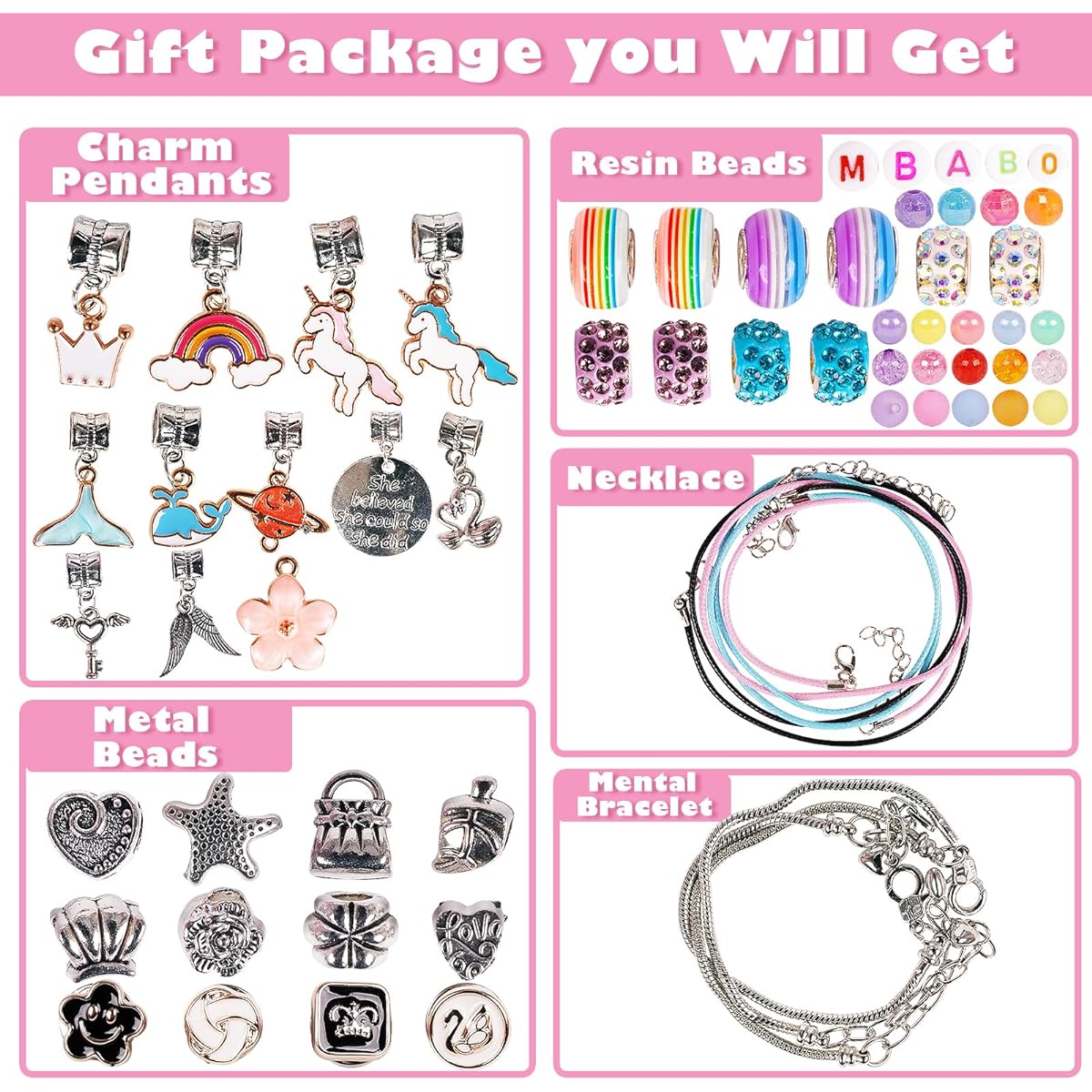 WJZDY Charm Bracelet Making Kit Jewelry Making Kit Toys Crafts for Girls Art Supplies Beads DIY Bracelet Friendship Bracelet Kit with Pink Jewelry Box Perfect Birthday Gift for Girls
