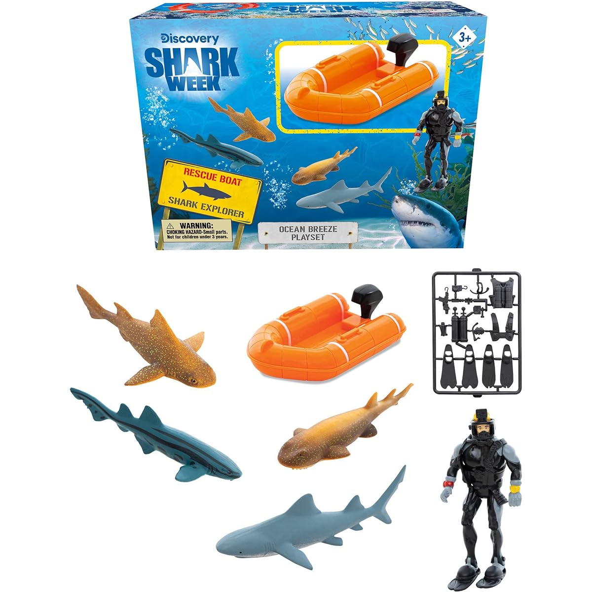 Shark Week Discovery Ocean Breeze Playset Rescue Boat Action Figure Diver Realistic Shark Toy Set Birthday Party Favors for Kids