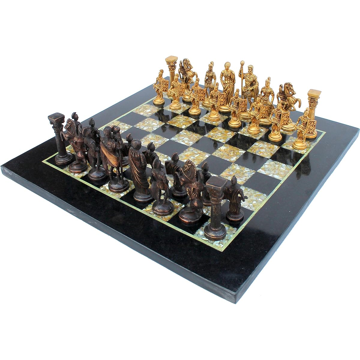 StonKraft Collectibles Black Marble and (MOP) Mother of Pearl Chess Board Set Brass Roman Chess Pieces Decorative Stone Chess Home Decor 15"