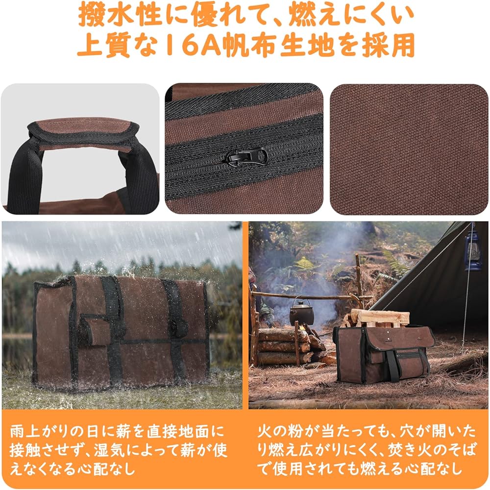 Firewood Bag Housolution Log Carry Camping Bag Tote Bag Type Large Capacity Storage Hangs Prevention/Stain Prevention Easy to Carry Abrasion Resistant Made of 16A Cotton Canvas Paraffin Wax Coating Brown