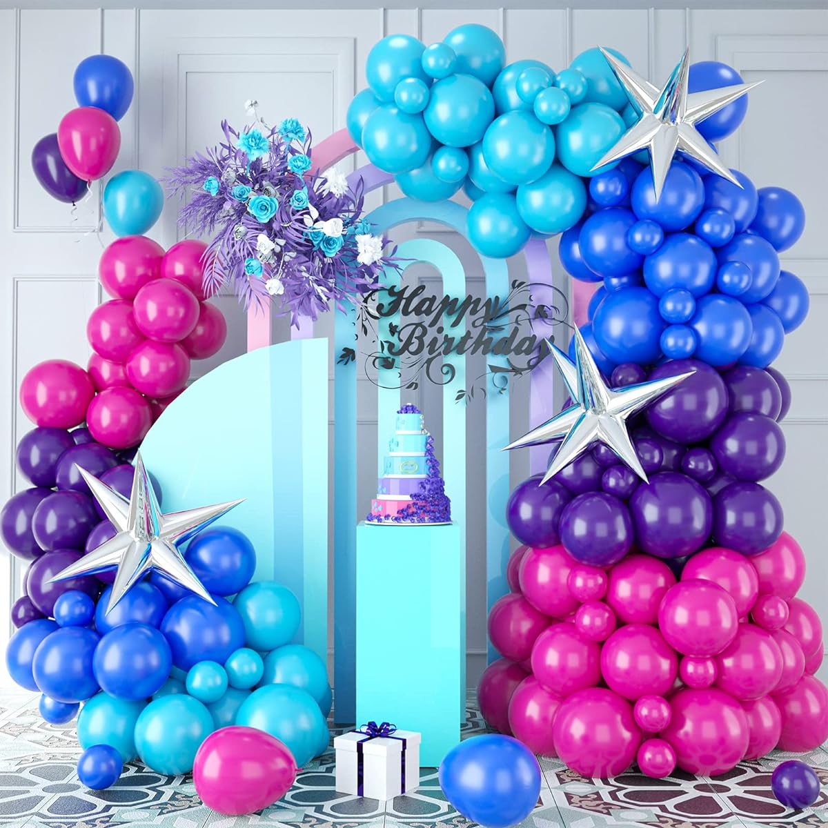 Blue Purple Balloon Garland, 93pcs Blue Purple Balloon Arch Kit with Blue and Dark Purple Balloons, Rose Red Balloons, Pink Purple Balloon Garland Kit for Unisex Birthday Carbine Party Supplies