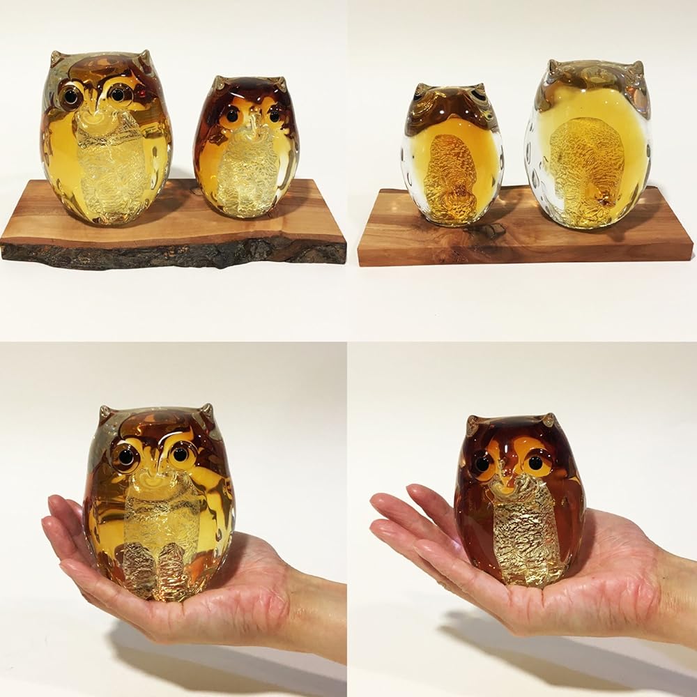 Glass ornament parent and child owl amber gold FS-71522