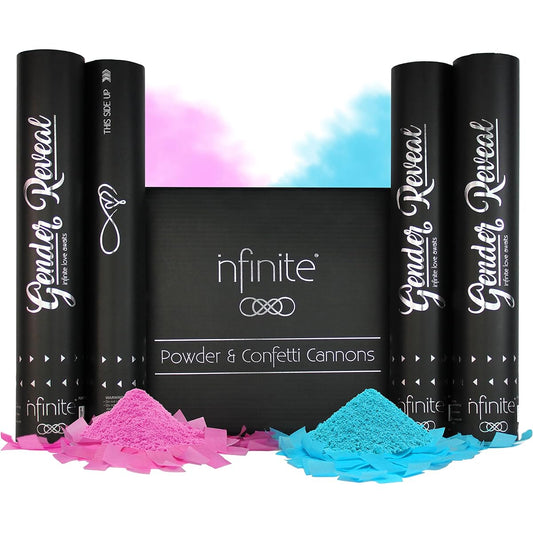 48 Pc Gender Reveal Confetti Powder Cannon Set - 2 Blue & 2 Pink Poppers - Gender Reveal Stickers - 40 pcs (20 Boy, 20 Girl) - Gender Reveal Party Supplies - Smoke Powder & Confetti Sticks Cannons
