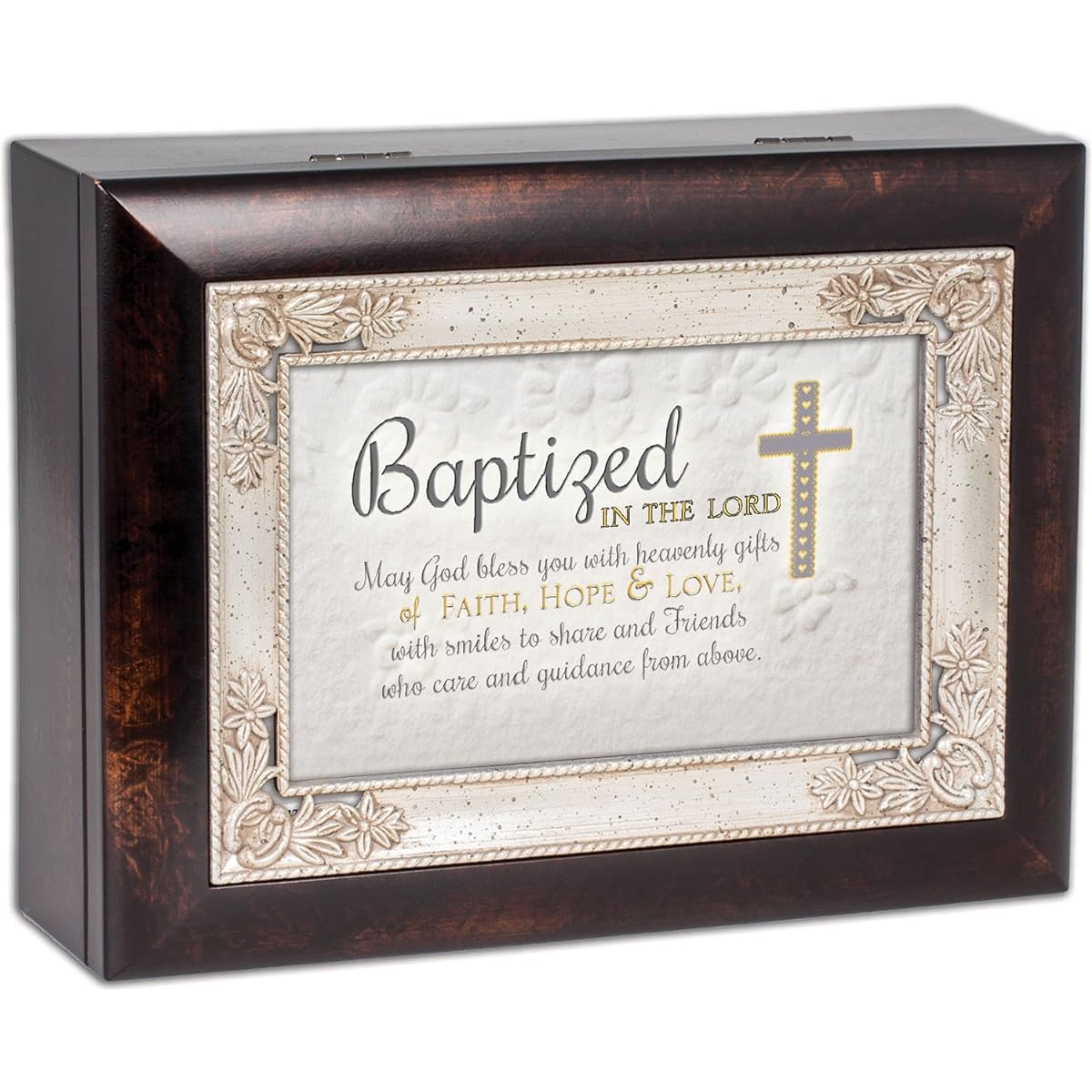 Cottage Garden Baptized in the Lord Woodgrain with Antique Silver Inlay Music Box