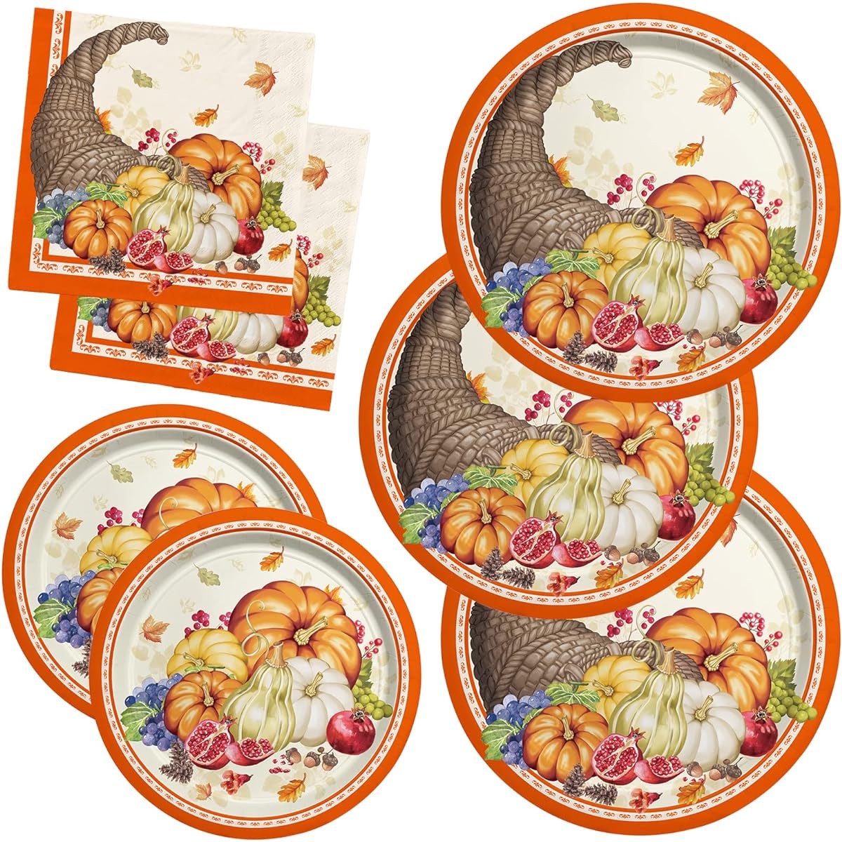 Fall Pumpkin Harvest Party Supply Kit Includes Cornucopia Disposable Paper Dinner Plates, Dessert Plates and Napkins for Thanksgiving Fall Party Decorations, Serves 50