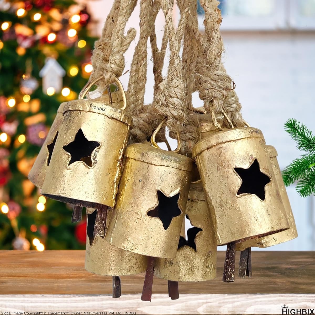 HIGHBIX Rusty Harmony Metal Bells 10pcs Vintage Handmade Rustic Lucky Christmas Hanging 2" Bells on Rope (Star Cylinder)