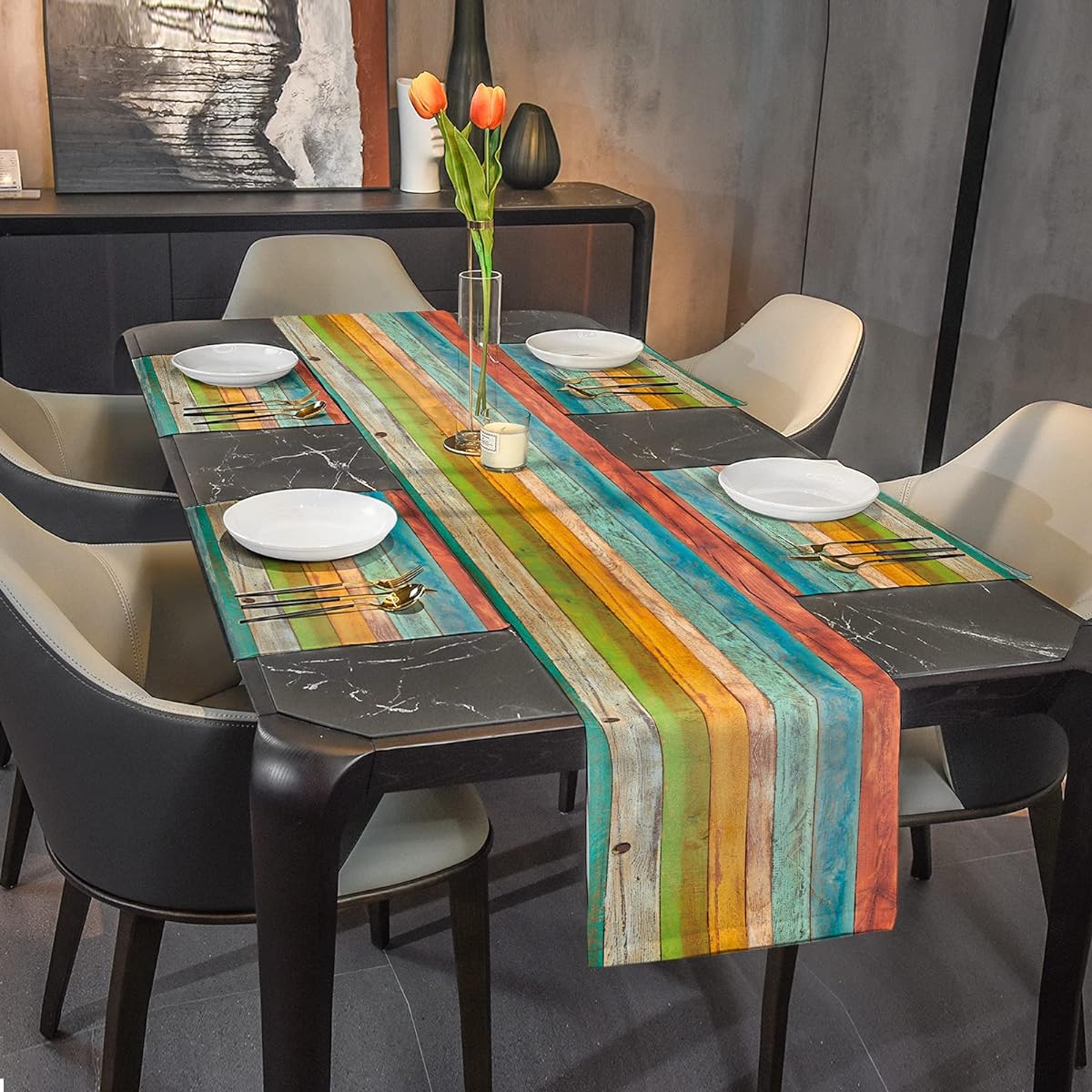Sinpooo Farmhouse Rustic Vintage Wood Grain Table Runner 6 Pieces Placemats Old Barn Wood Turquoise Blue Kitchen Tablecloth Kit Heat Resistant Washable for Kitchen Table Wedding Party Holiday Dinner