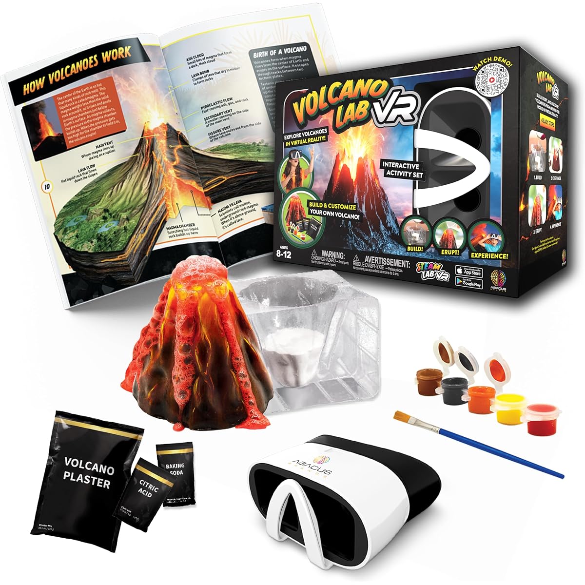 Abacus Brands STEAM Volcano Lab VR - Build and Erupt Your Own Volcano - Virtual Reality Kids Science Kit Book Interactive STEAM Learning Activity Set