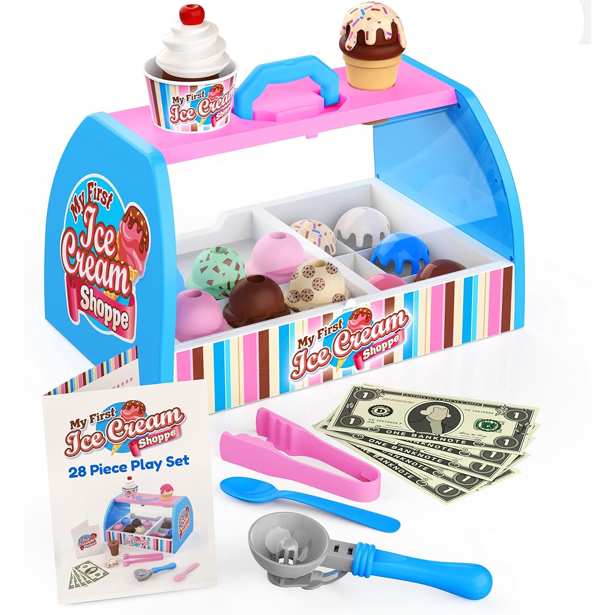 Ice Cream Counter Playset for Kids Pretend Play (28 Pieces) Perfect for Scooping and Serving Food for Girls and Boys Ages 3 4 5 6 Toddler Toys