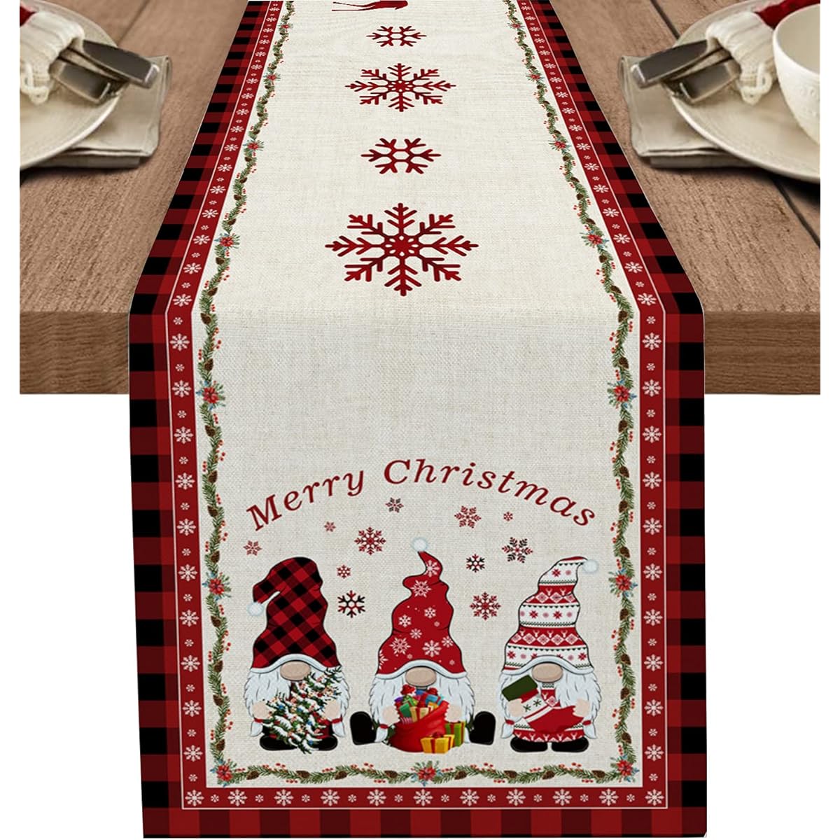 Table Runner 48" Length Merry Christmas Gnomes and Snowflakes Red and Black Buffalo Check Cotton Linen Table Runner Heat Resistant Washable for Dining Room 13x48"