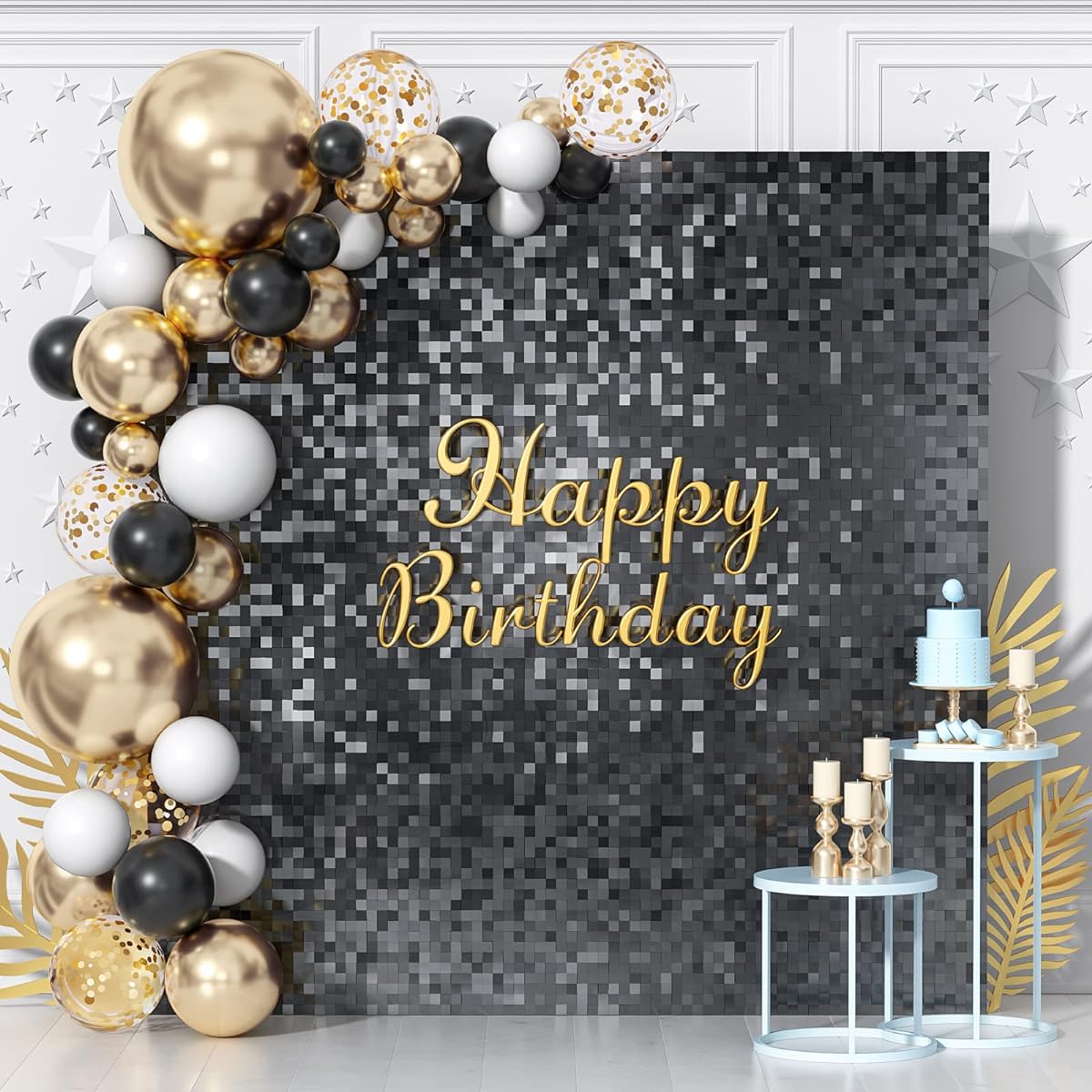 HUICYHFR Black Shimmer Wall Backdrop - 36 Panels Square Sequin Shimmering Backdrop for Birthday/Engagement/Anniversary/Wedding/Bachelorette Party Decoration