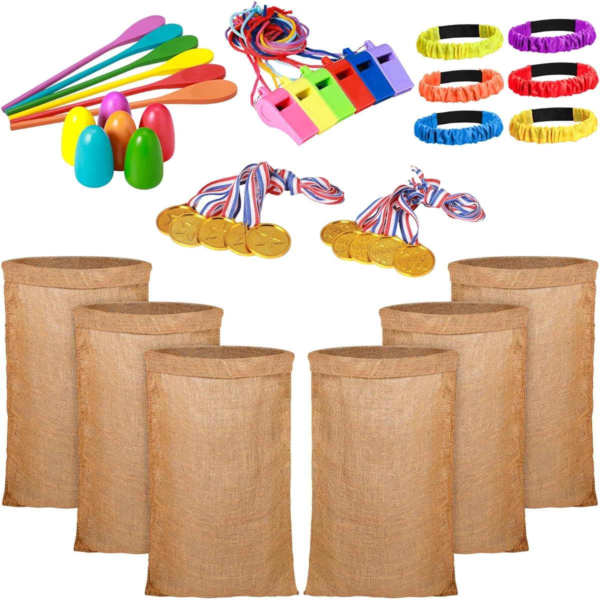 School outdoor games set includes 6 potato sack race bags, 6 egg and spoon race games, 6 leg race bands, egg hunt game party favors, family gathering games, 6 whistles, 10 medals.